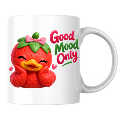 Inspirational Mug "Good Mood Only Strawberry Duck" Good Mood Only 325ml Ceramic Coffee Mug – Cute Smiling Strawberry Duck with Pink Bow | Available in Multicolours | Fast Dispatch by UK Seller (M3248)