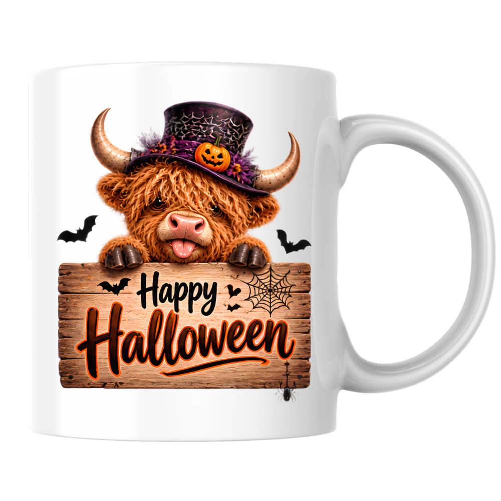Halloween Mug "Top Hat Wooden Sign Happy Halloween" Top Hat Highland Cow 325ml Ceramic Coffee Mug – Cute Halloween Wooden Sign Tea Cup with Spider Web Graphic Gift | Available in Multicolours | Fast Dispatch by UK Seller (M3166)