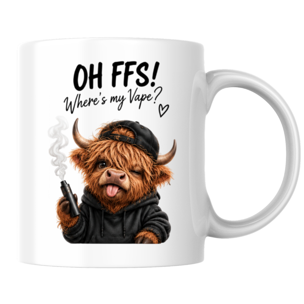Funny Vape Highland Cow Mug "OH FFS! Where's my Vape?" Graphic 325ml Ceramic Coffee Cup – Highland Cow in Black Hoodie & Cap Vaping Novelty Tea Cup Sarcastic Cheeky Gift For Friends | Available in Multicolours | Fast Dispatch by UK Seller (M3136)