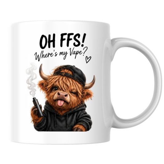Funny Vape Highland Cow Mug "OH FFS! Where's my Vape?" Graphic 325ml Ceramic Coffee Cup – Highland Cow in Black Hoodie & Cap Vaping Novelty Tea Cup Sarcastic Cheeky Gift For Friends | Available in Multicolours | Fast Dispatch by UK Seller (M3136)