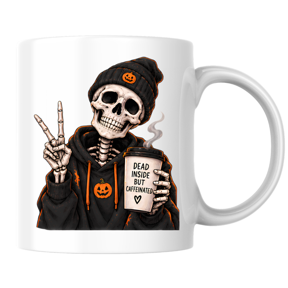 Halloween Mug "Skeleton Dead Inside But Caffeinated" Skeleton Dead Inside But Caffeinated 325ml Ceramic Coffee Mug – Funny Halloween Autumn Tea Cup Skeleton Black Hoodie Cup Graphic Gift | Available in Multicolours | Fast Dispatch by UK Seller (M3224)