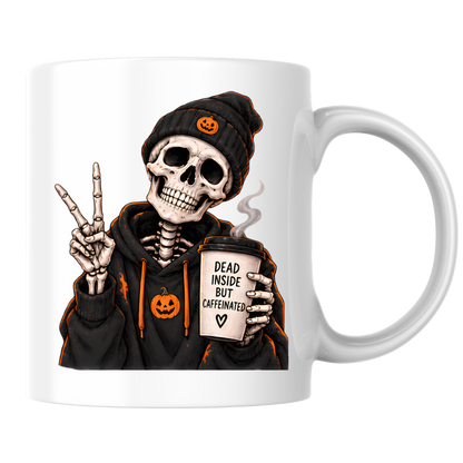 Halloween Mug "Skeleton Dead Inside But Caffeinated" Skeleton Dead Inside But Caffeinated 325ml Ceramic Coffee Mug – Funny Halloween Autumn Tea Cup Skeleton Black Hoodie Cup Graphic Gift | Available in Multicolours | Fast Dispatch by UK Seller (M3224)