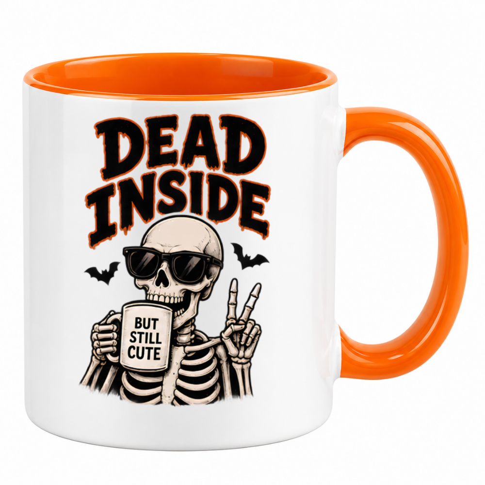 Halloween Mug "Dead Inside But Still Cute Skeleton" Dead Inside But Still Cute Skeleton 325ml Ceramic Coffee Mug – Funny Halloween Autumn Tea Cup With Sunglasses Peace Sign Graphic Gift | Available in Multicolours | Fast Dispatch by UK Seller (M3204)