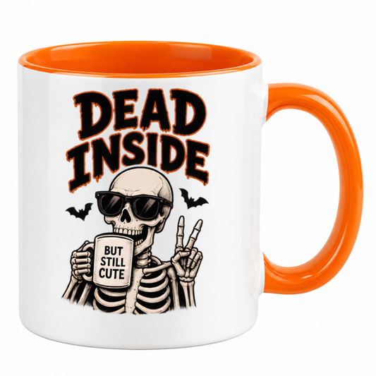 Halloween Mug "Dead Inside But Still Cute Skeleton" Dead Inside But Still Cute Skeleton 325ml Ceramic Coffee Mug – Funny Halloween Autumn Tea Cup With Sunglasses Peace Sign Graphic Gift | Available in Multicolours | Fast Dispatch by UK Seller (M3204)