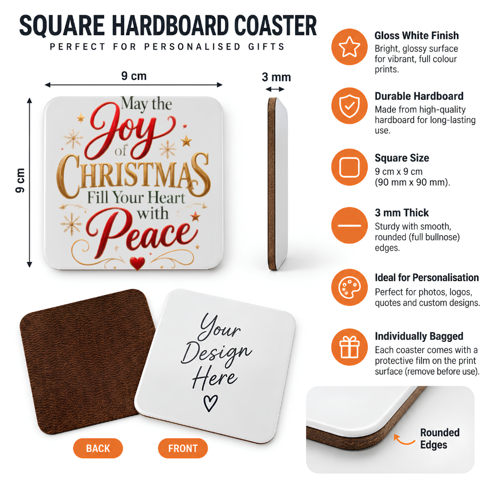 Inspirational Religious Hardboard Coaster "May The Joy Of Christmas Fill Your Heart With Peace" Graphic 9cm x 9cm Square Drinks Coaster "Re