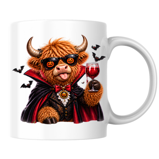 Spooky Mug "Vampire Highland Cow" Vampire Highland Cow 325ml Ceramic Coffee Mug Cute Gothic Halloween Tea Cup with Dracula Cape and Wine Glass Graphic Gift | Available in Multicolours | Fast Dispatch by UK Seller (M3162)