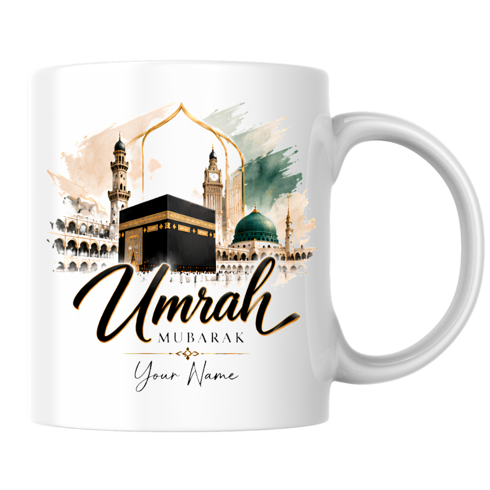 Personalised Umrah Mubarak Mug 325ml Ceramic Coffee Tea Cup – Custom Name, Holy Kaaba, Green Dome & Watercolor Architecture Religious Pilgrimage Gift for Family, Friends, Hajj Celebration – Fast Dispatch by UK Seller (M3486)