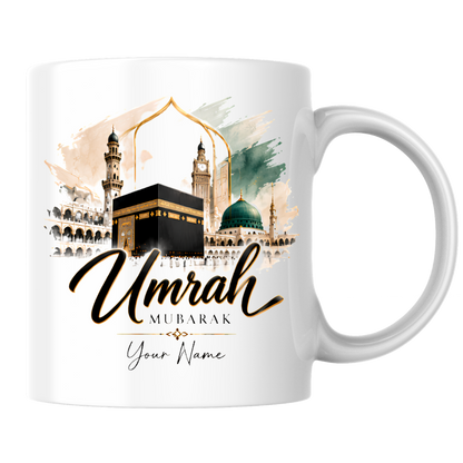 Personalised Umrah Mubarak Mug 325ml Ceramic Coffee Tea Cup – Custom Name, Holy Kaaba, Green Dome & Watercolor Architecture Religious Pilgrimage Gift for Family, Friends, Hajj Celebration – Fast Dispatch by UK Seller (M3486)