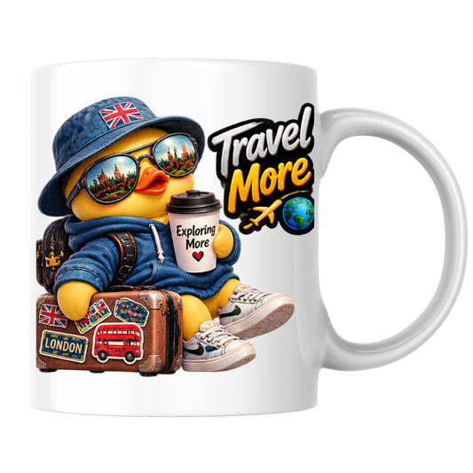 Travel Mug "Travel More Explorer Duck" Travel More 325ml Ceramic Coffee Mug – Cute Explorer Duck in Bucket Hat & Sunglasses Sitting on Vintage Suitcase Fun Gift For Travelers Adventurers | Available in Multicolours | Fast Dispatch by UK Seller (M3254)