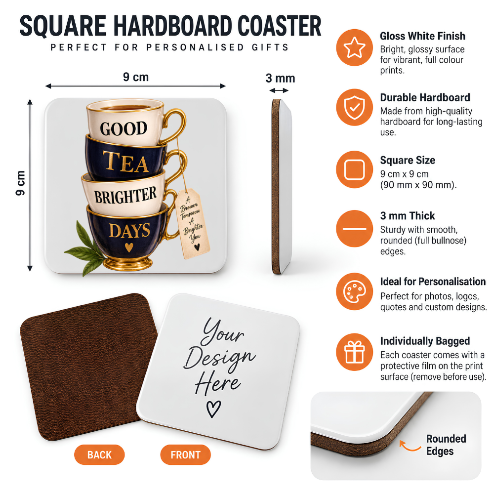 Charming Tea Stack Hardboard Coaster "Good Tea Brighter Days" Graphic 9cm x 9cm Square Drinks Coaster “Stacked Vintage Blue & White Porcelain Cups with Tea Tag Novelty Mat | Elegant Glossy Gift for Tea Lovers | Fast Dispatch by UK Seller (C3003)