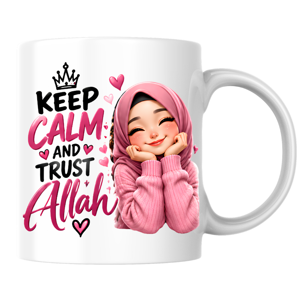 Islamic Mug "Keep Calm And Trust Allah" 325ml Ceramic Coffee Tea Cup – Pink Hijabi Girl Graphic, Hearts & Faith Slogan Novelty Gift for Muslim Women, Friends, Birthday – Fast Dispatch by UK Seller (M3505)