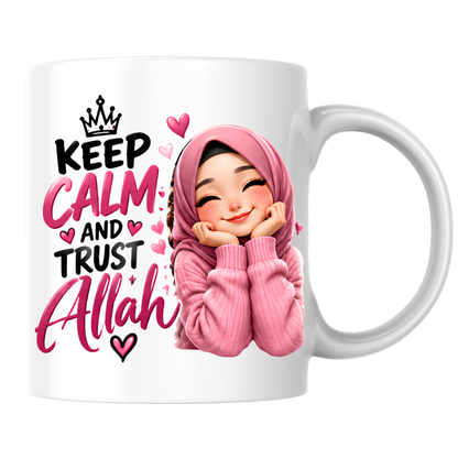 Islamic Mug "Keep Calm And Trust Allah" 325ml Ceramic Coffee Tea Cup – Pink Hijabi Girl Graphic, Hearts & Faith Slogan Novelty Gift for Muslim Women, Friends, Birthday – Fast Dispatch by UK Seller (M3505)