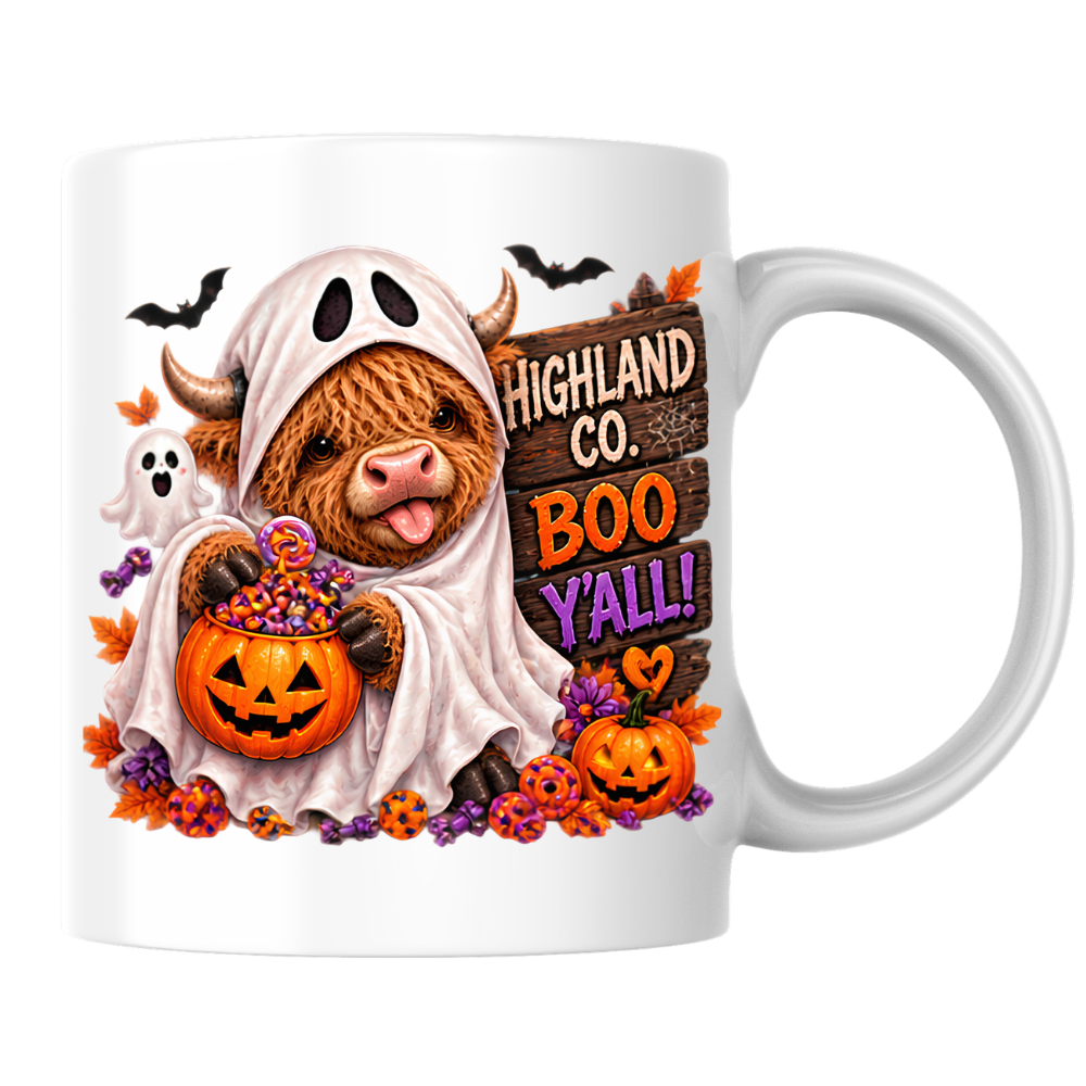 Halloween Mug "Ghost Costume Boo Y'all Highland Co." Ghost Costume Highland Cow 325ml Ceramic Coffee Mug – Cute Trick-or-Treat Tea Cup with Sheet Outfit Wooden Sign Graphic Gift | Available in Multicolours | Fast Dispatch by UK Seller (M3178)