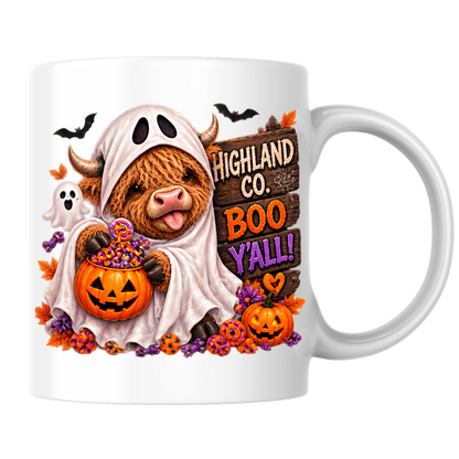 Halloween Mug "Ghost Costume Boo Y'all Highland Co." Ghost Costume Highland Cow 325ml Ceramic Coffee Mug – Cute Trick-or-Treat Tea Cup with Sheet Outfit Wooden Sign Graphic Gift | Available in Multicolours | Fast Dispatch by UK Seller (M3178)
