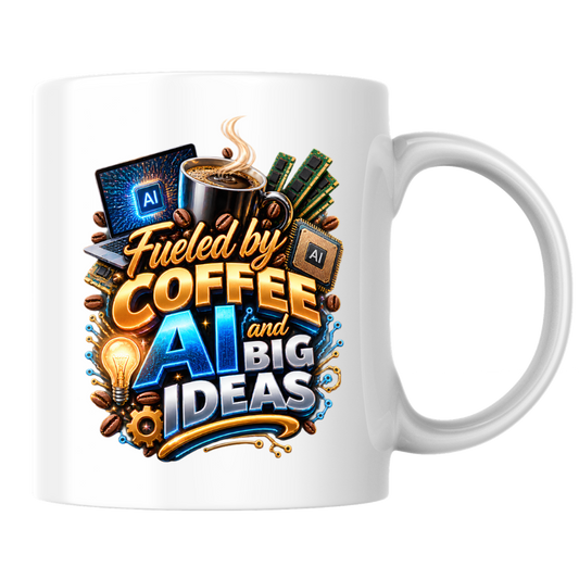 Tech Mug "Fueled By Coffee AI And Big Ideas" Fueled By Coffee AI And Big Ideas 325ml Ceramic Coffee Mug – Tech Programmer Mug with Laptop, CPU Chip & RAM | Gift for Developers & IT Specialists | Fast Dispatch by UK Seller (M3325)