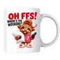 Highland Cow Weekend Mug "OH FFS! Where's The Weekend?" Oh Ffs! Where's The Weekend? 325ml Ceramic Coffee Mug – Cute Highland Cow in Pink Hoodie with Pillow, Remote & Heart Slippers | Funny Lazy Day Gift | Fast Dispatch by UK Seller (M3379)