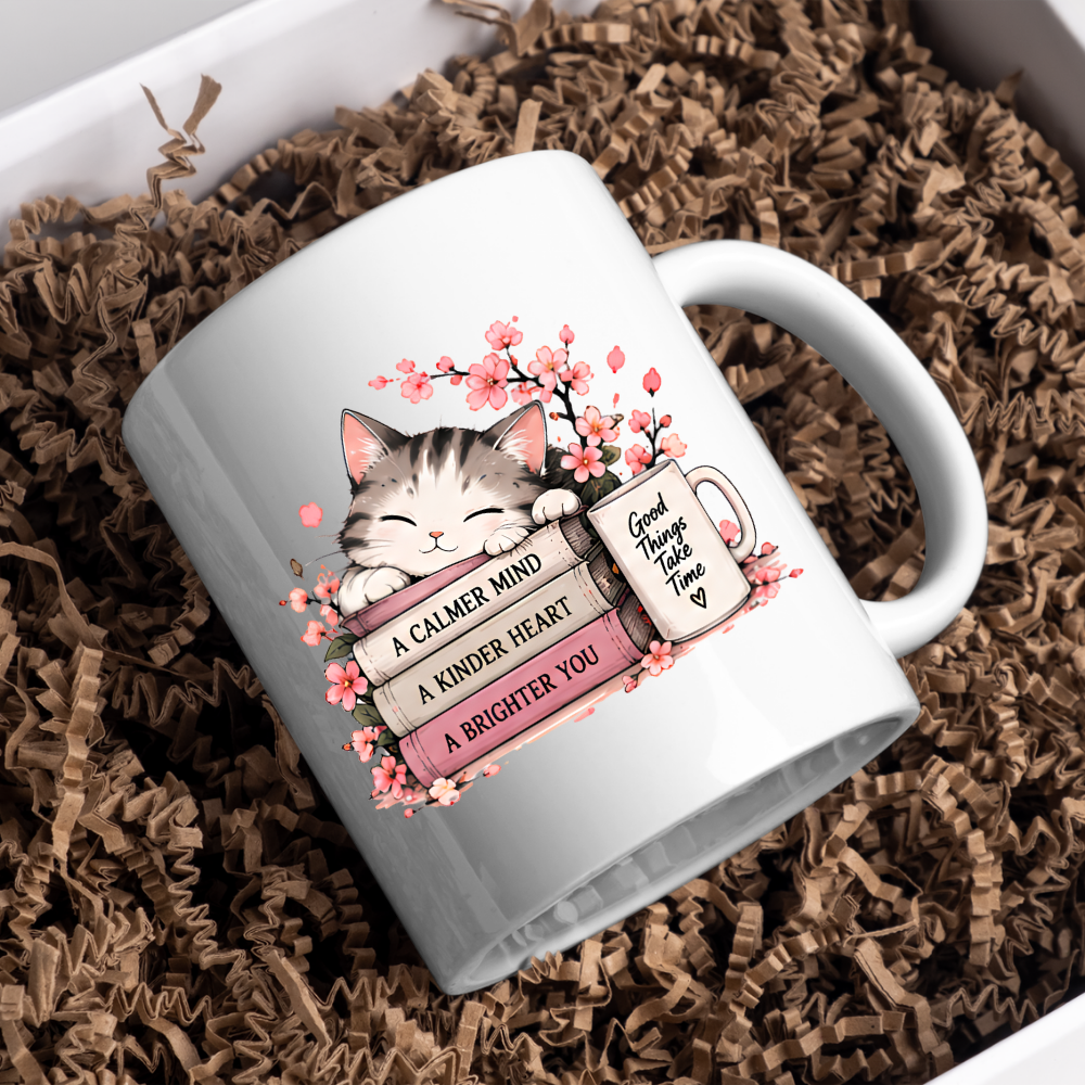 Inspirational Cat Mug "A CALMER MIND A KINDER HEART A BRIGHTER YOU" Sleeping Kitten & Books 325ml Ceramic Coffee Mug Mindful Tea Cup with Cherry Blossoms & Mug Graphic Gift | Available in Multicolours | Fast Dispatch by UK Seller (M3033)