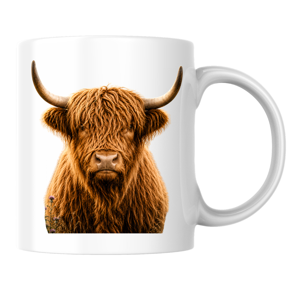 Rustic Mug "Classic Highland Cow" Majestic Highland Cow 325ml Ceramic Coffee Mug Country Wildlife Tea Cup with Horns and Thistle Graphic Gift | Available in Multicolours | Fast Dispatch by UK Seller (M3154)