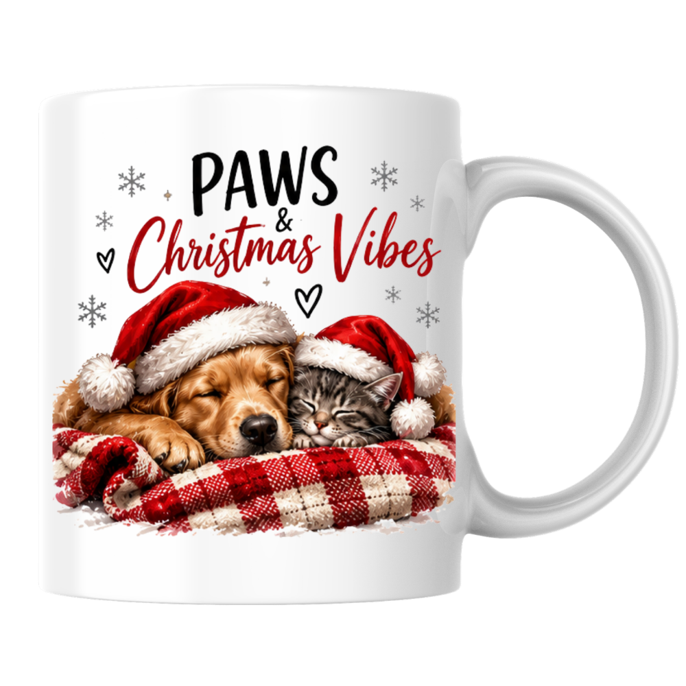 Christmas Dog & Cat Mug "Paws & Christmas Vibes" Paws & Christmas Vibes 325ml Ceramic Coffee Mug – Cute Sleeping Golden Retriever & Tabby Cat in Santa Hats on Plaid Blanket | Festive Holiday Gift | Fast Dispatch by UK Seller (M3405)