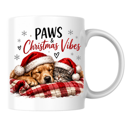 Christmas Dog & Cat Mug "Paws & Christmas Vibes" Paws & Christmas Vibes 325ml Ceramic Coffee Mug – Cute Sleeping Golden Retriever & Tabby Cat in Santa Hats on Plaid Blanket | Festive Holiday Gift | Fast Dispatch by UK Seller (M3405)