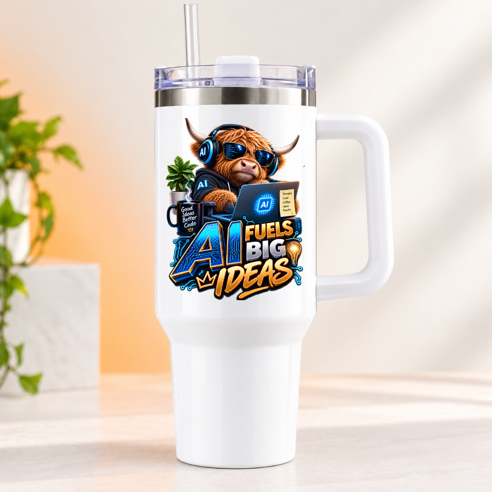 Funny Tech Highland Cow Travel Tumbler "AI Fuels Big Ideas" Graphic 40oz Stainless Steel Insulated Mug with Handle & Straw – Coding Cow in Sunglasses, Headphones, Laptop & Coffee Mug Novelty Gift for Coders & Office | Fast Dispatch by UK Seller (T3057)