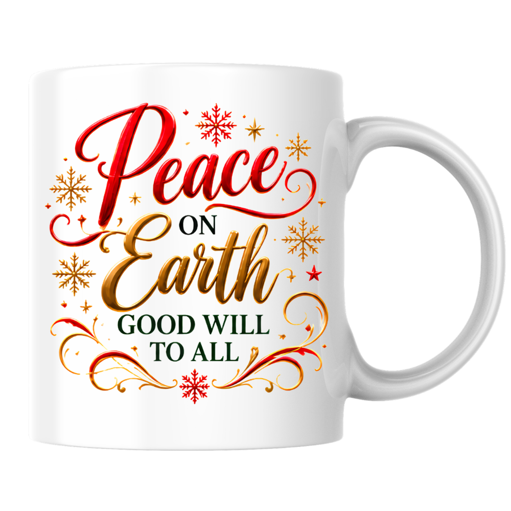 Christmas Mug "Peace On Earth Good Will To All" 325ml Ceramic Coffee Mug – Festive Christmas Blessing Mug With Gold Snowflakes Red Calligraphy Religious Holiday Gift | Available in Multicolours | Fast Dispatch by UK Seller (M3293)