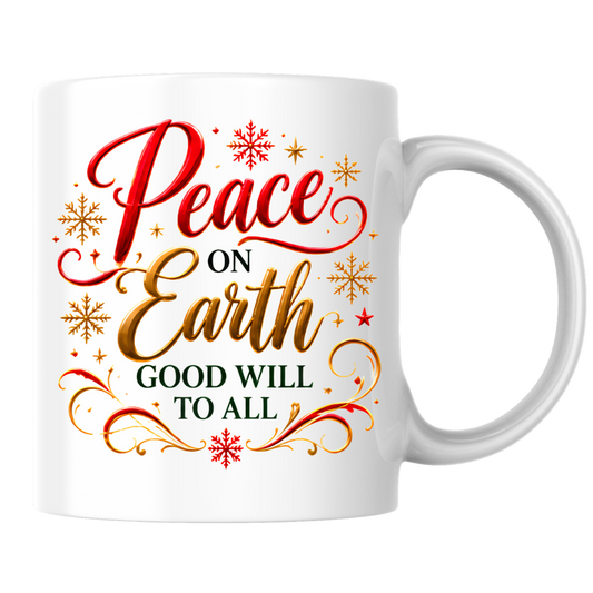 Christmas Mug "Peace On Earth Good Will To All" 325ml Ceramic Coffee Mug – Festive Christmas Blessing Mug With Gold Snowflakes Red Calligraphy Religious Holiday Gift | Available in Multicolours | Fast Dispatch by UK Seller (M3293)