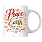 Christmas Mug "Peace On Earth Good Will To All" 325ml Ceramic Coffee Mug – Festive Christmas Blessing Mug With Gold Snowflakes Red Calligraphy Religious Holiday Gift | Available in Multicolours | Fast Dispatch by UK Seller (M3293)