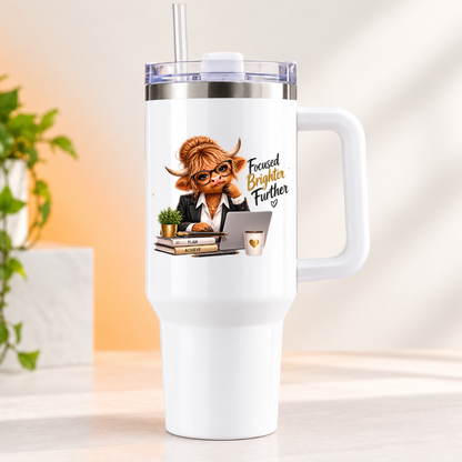 Sassy Highland Cow Travel Tumbler "Focused Brighter Further" Graphic 40oz Stainless Steel Insulated Travel Mug with Handle & Straw – Professional Cow in Suit Jacket, Glasses, Laptop & Coffee Novelty Travel Cup | Fast Dispatch by UK Seller (T3024)