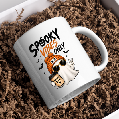 Halloween Mug "SPOOKY VIBES Only" Cool Ghost 325ml Ceramic Coffee Mug – Trendy Beanie Ghost Tea Cup with Sunglasses & Coffee Cup Graphic Gift | Available in Multicolours | Fast Dispatch by UK Seller (M3077)