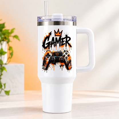 Cool Gaming Travel Tumbler "Gamer" Graphic 40oz Stainless Steel Insulated Travel Mug with Handle & Straw – Orange & Black Paint Drip Controller, Graffiti Crown Novelty Gift for Gamers | Fast Dispatch by UK Seller (T3063)