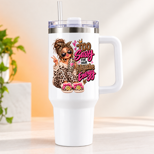 Sassy Leopard Print Travel Tumbler "Too Sassy For Your Negative Energy" Graphic 40oz Stainless Steel Insulated Travel Mug with Handle & Straw â€“ Fashion Girl with Peace Sign, Sunglasses & Slippers Novelty Travel Cup | Fast Dispatch by UK Seller (T3005)