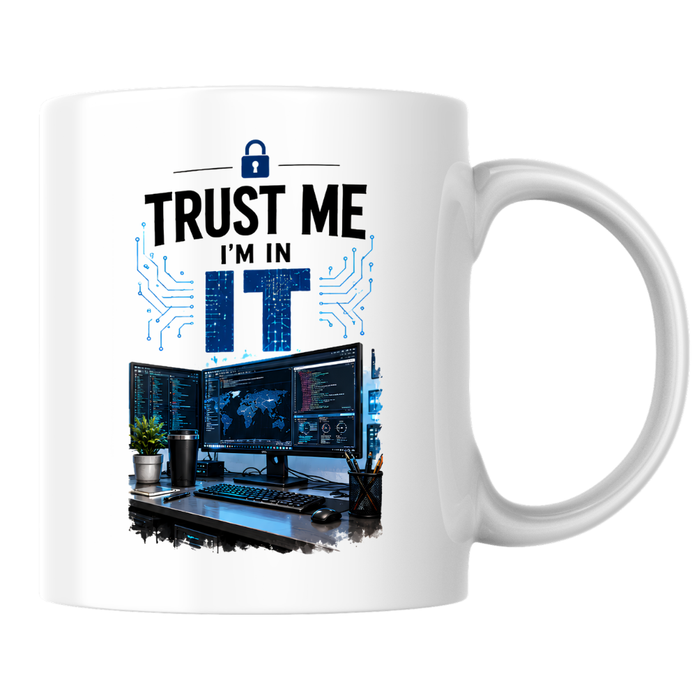 Tech Mug "Trust Me I'm In IT" Trust Me I'm In IT 325ml Ceramic Coffee Mug – Funny IT Specialist Workstation Mug with Multi-Monitor Setup, Lock & Circuit Graphics | Tech Gift | Fast Dispatch by UK Seller (M3333)
