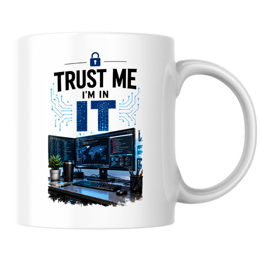 Tech Mug "Trust Me I'm In IT" Trust Me I'm In IT 325ml Ceramic Coffee Mug – Funny IT Specialist Workstation Mug with Multi-Monitor Setup, Lock & Circuit Graphics | Tech Gift | Fast Dispatch by UK Seller (M3333)