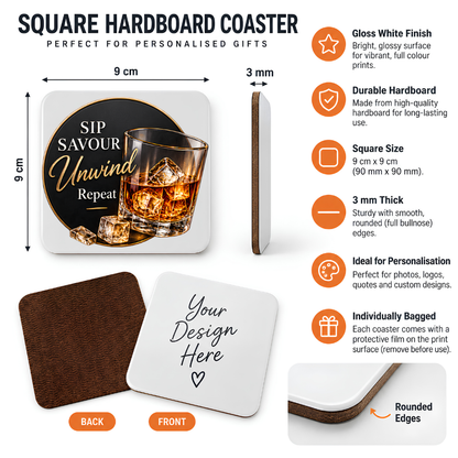 Sophisticated Whiskey Hardboard Coaster "Sip Savour Unwind Repeat" Graphic 9cm x 9cm Square Drinks Coaster  "Tumbler Glass with Ice Cubes & Gold Rim Circular Frame Novelty Mat | Elegant Glossy Gift for Whiskey Lovers | Fast Dispatch by UK Seller (C3009)