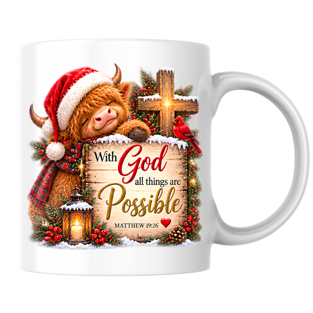 Christmas Mug "With God All Things Are Possible Highland Cow" Matthew 19:26 325ml Ceramic Coffee Mug – Festive Highland Cow Mug With Cross Cardinal Lantern Christian Holiday Gift | Available in Multicolours | Fast Dispatch by UK Seller (M3307)