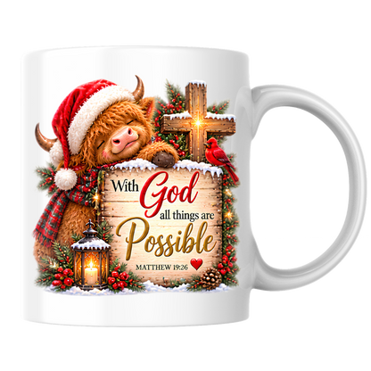 Christmas Mug "With God All Things Are Possible Highland Cow" Matthew 19:26 325ml Ceramic Coffee Mug – Festive Highland Cow Mug With Cross Cardinal Lantern Christian Holiday Gift | Available in Multicolours | Fast Dispatch by UK Seller (M3307)