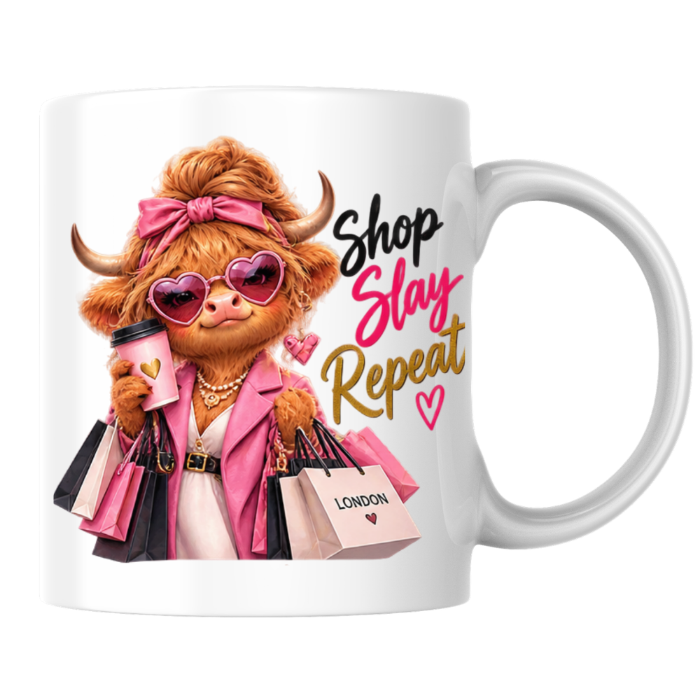 Shopping Mug "Shop Slay Repeat Highland Cow" Shop Slay Repeat Highland Cow 325ml Ceramic Coffee Mug – Glamorous Pink Fashion Shopping Tea Cup With Heart Sunglasses Coffee Graphic Gift | Available in Multicolours | Fast Dispatch by UK Seller (M3196)