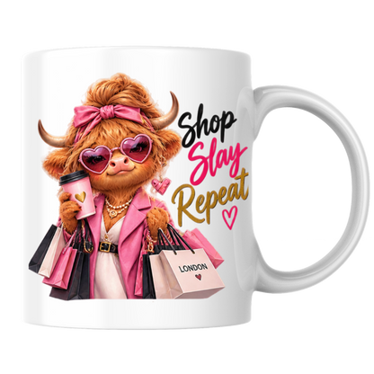 Shopping Mug "Shop Slay Repeat Highland Cow" Shop Slay Repeat Highland Cow 325ml Ceramic Coffee Mug – Glamorous Pink Fashion Shopping Tea Cup With Heart Sunglasses Coffee Graphic Gift | Available in Multicolours | Fast Dispatch by UK Seller (M3196)