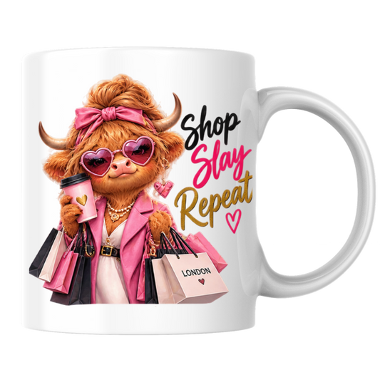 Shopping Mug "Shop Slay Repeat Highland Cow" Shop Slay Repeat Highland Cow 325ml Ceramic Coffee Mug – Glamorous Pink Fashion Shopping Tea Cup With Heart Sunglasses Coffee Graphic Gift | Available in Multicolours | Fast Dispatch by UK Seller (M3196)