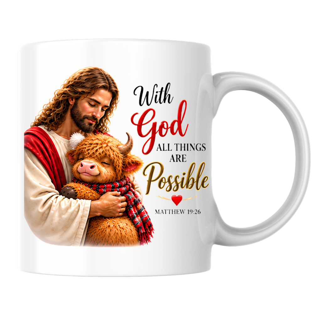 Religious Christmas Mug "With God All Things Are Possible" Highland Cow With God All Things Are Possible 325ml Ceramic Coffee Mug – Christian Jesus Hugging Highland Cow Scripture Mug with Matthew 19:26 | Religious Gift | Fast Dispatch by UK Seller (M3353)