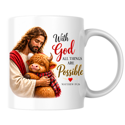 Religious Christmas Mug "With God All Things Are Possible" Highland Cow With God All Things Are Possible 325ml Ceramic Coffee Mug – Christian Jesus Hugging Highland Cow Scripture Mug with Matthew 19:26 | Religious Gift | Fast Dispatch by UK Seller (M3353)