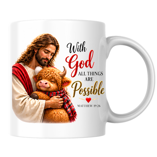 Religious Christmas Mug "With God All Things Are Possible" Highland Cow With God All Things Are Possible 325ml Ceramic Coffee Mug – Christian Jesus Hugging Highland Cow Scripture Mug with Matthew 19:26 | Religious Gift | Fast Dispatch by UK Seller (M3353)