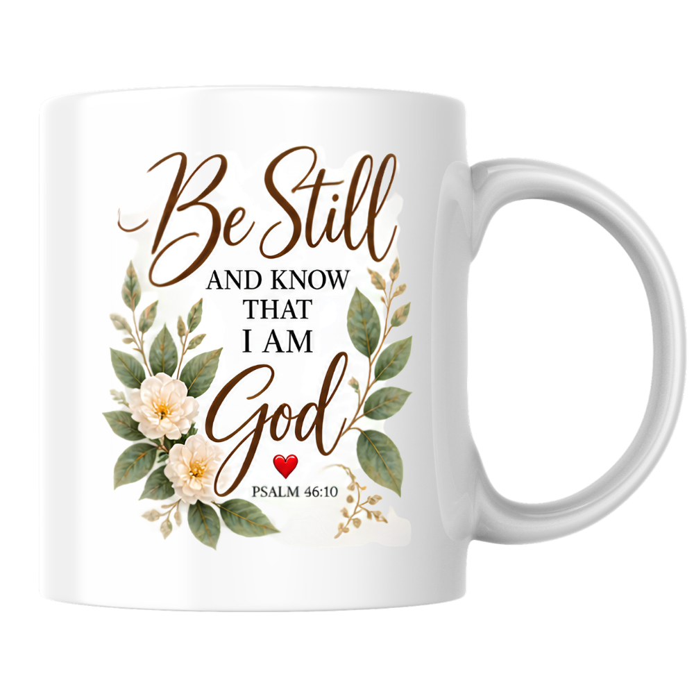 Inspirational Christian Mug "Be Still And Know That I Am God Psalm 46:10" 325ml Ceramic Coffee Mug –Christian Bible Verse Mug With Floral Wreath Leaves Inspirational Gift | Available in Multicolours | Fast Dispatch by UK Seller (M3299)
