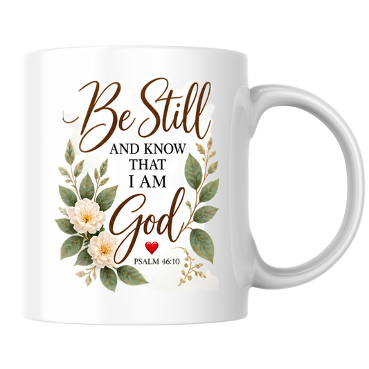 Inspirational Christian Mug "Be Still And Know That I Am God Psalm 46:10" 325ml Ceramic Coffee Mug –Christian Bible Verse Mug With Floral Wreath Leaves Inspirational Gift | Available in Multicolours | Fast Dispatch by UK Seller (M3299)