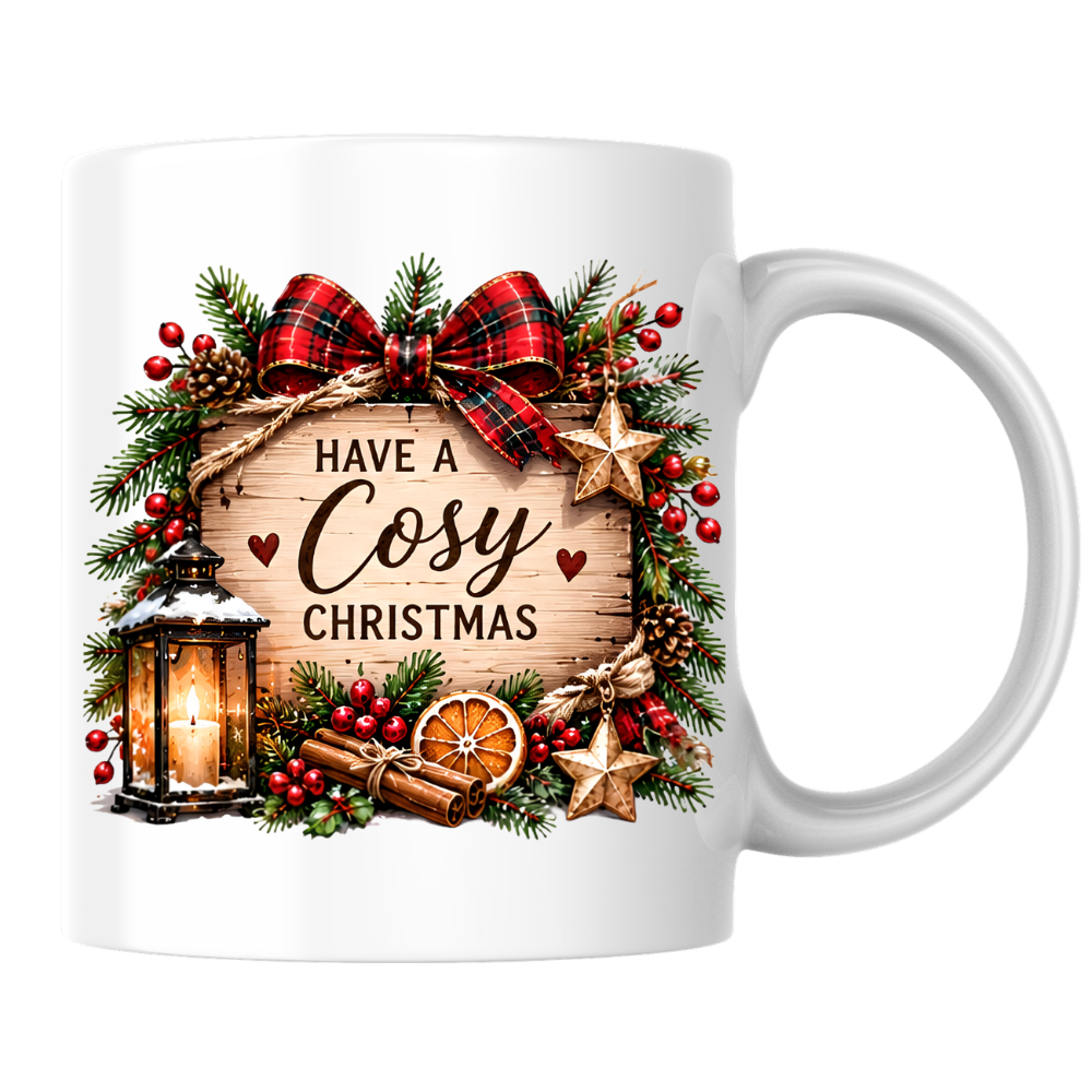 Rustic Wood Sign Christmas Mug "Have A Cosy Christmas" Have A Cosy Christmas 325ml Ceramic Coffee Mug – Rustic Wooden Plaque with Pine Wreath, Red Tartan Bow, Glowing Lantern & Cinnamon Sticks | Festive Holiday Gift | Fast Dispatch by UK Seller (M3438)