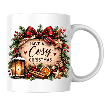 Rustic Wood Sign Christmas Mug "Have A Cosy Christmas" Have A Cosy Christmas 325ml Ceramic Coffee Mug – Rustic Wooden Plaque with Pine Wreath, Red Tartan Bow, Glowing Lantern & Cinnamon Sticks | Festive Holiday Gift | Fast Dispatch by UK Seller (M3438)