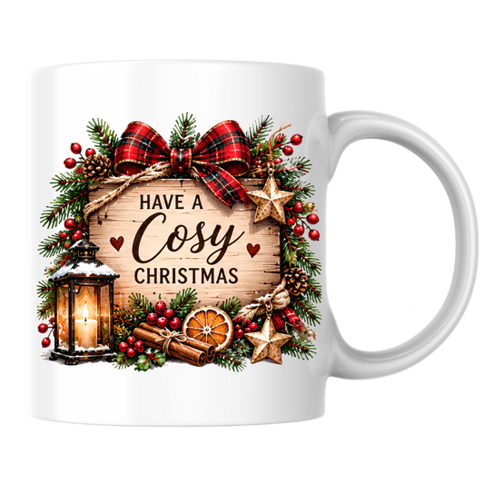 Rustic Wood Sign Christmas Mug "Have A Cosy Christmas" Have A Cosy Christmas 325ml Ceramic Coffee Mug – Rustic Wooden Plaque with Pine Wreath, Red Tartan Bow, Glowing Lantern & Cinnamon Sticks | Festive Holiday Gift | Fast Dispatch by UK Seller (M3438)