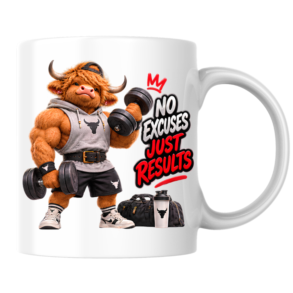 Gym Mug "No Excuses Just Results Muscular Highland Cow" No Excuses Just Results 325ml Ceramic Coffee Mug – Muscular Highland Cow Lifting Dumbbells In Hoodie Lifting Belt Gym Fitness Gift | Available in Multicolours | Fast Dispatch by UK Seller (M3273)
