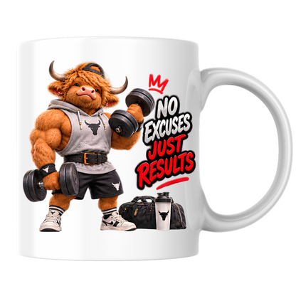 Gym Mug "No Excuses Just Results Muscular Highland Cow" No Excuses Just Results 325ml Ceramic Coffee Mug – Muscular Highland Cow Lifting Dumbbells In Hoodie Lifting Belt Gym Fitness Gift | Available in Multicolours | Fast Dispatch by UK Seller (M3273)